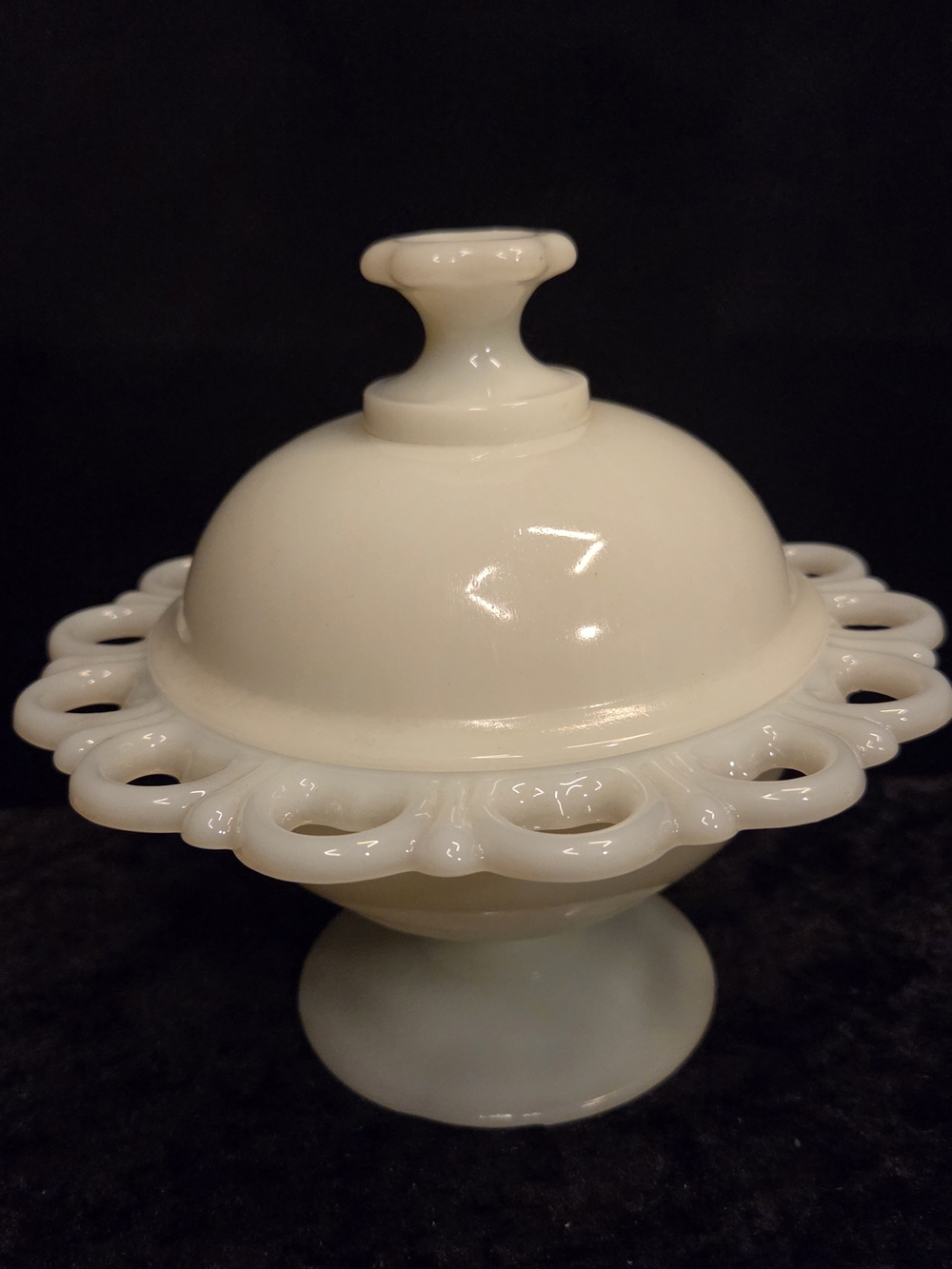 Milk Glass Anchor Hocking Lace Edge Milk Glass Footed Compote with Lid